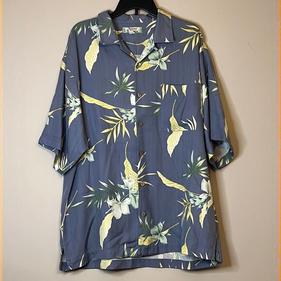 Tommy Bahama Blue Tropical Print Hawaiian Button Down Shirt - Size Large - Picture 1 of 11